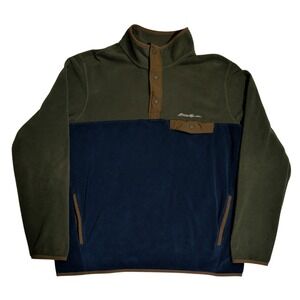 Eddie Bauer Quest Fleece Pullover Sweater Mens Size L Green Brown Mock Neck